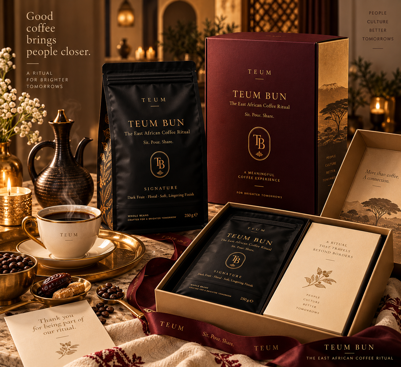 TEUM BUN cadeauboxen en Signature pouch gepresenteerd op een tafel in goud en bordeaux