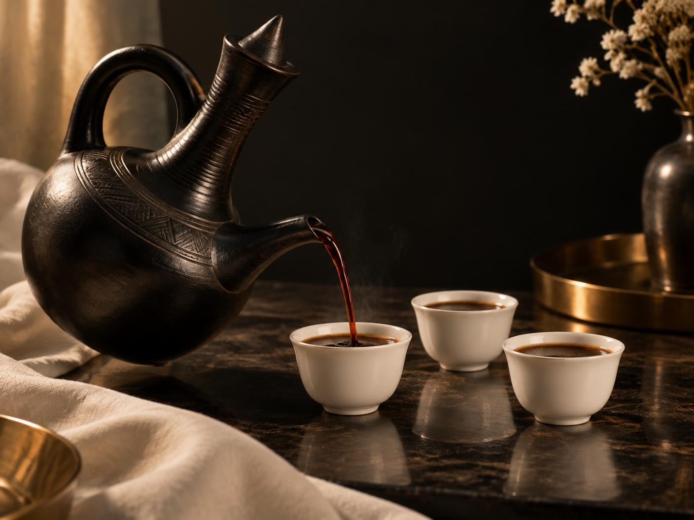 Een zwarte kleien jebena schenkt koffie in drie ivoorkleurige sini-kopjes