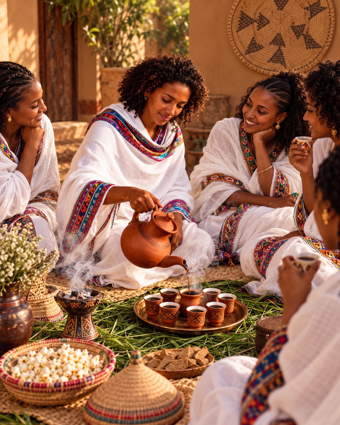 Editorial beeld van vrouwen die samen zitten in traditionele kleding, koffie geschonken uit een jebena in kleine kopjes