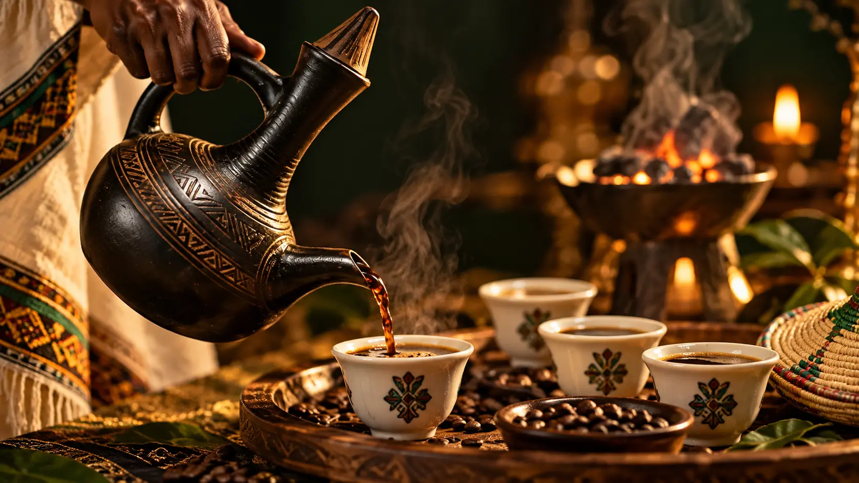 Koffie wordt uit een traditionele jebena in een kopje geschonken