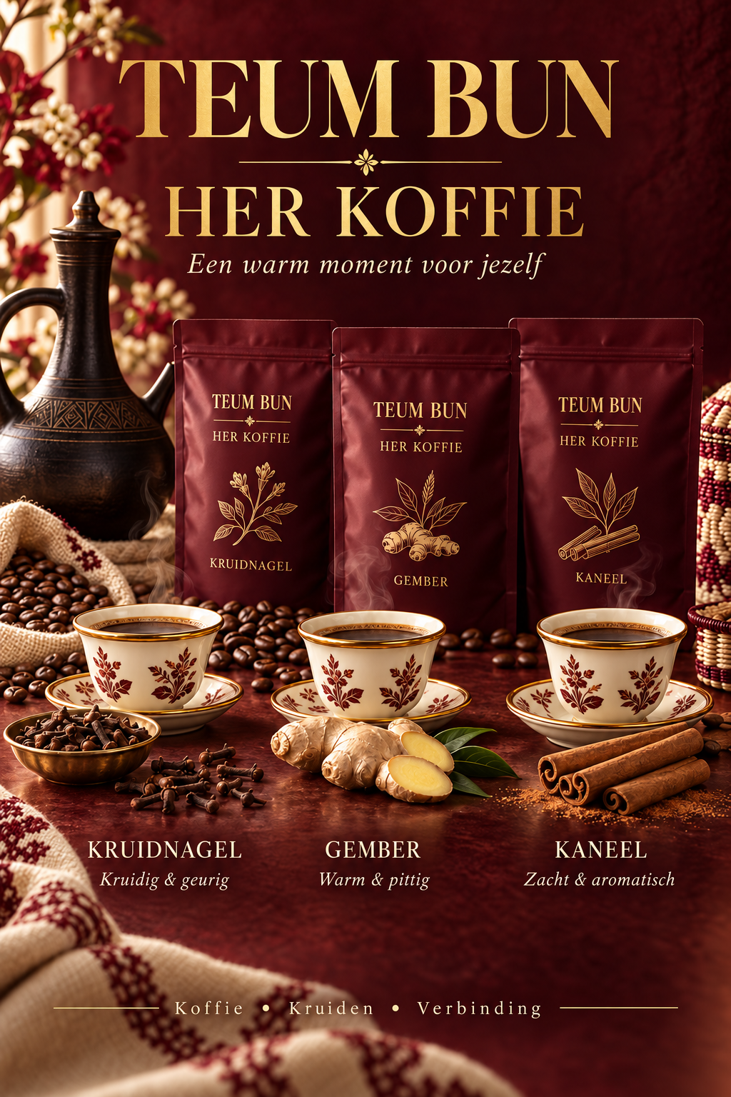 Goedgekeurd bordeaux HER KOFFIE collectieconcept met drie verpakkingen, sini kopjes, jebena en afzonderlijke kruiden