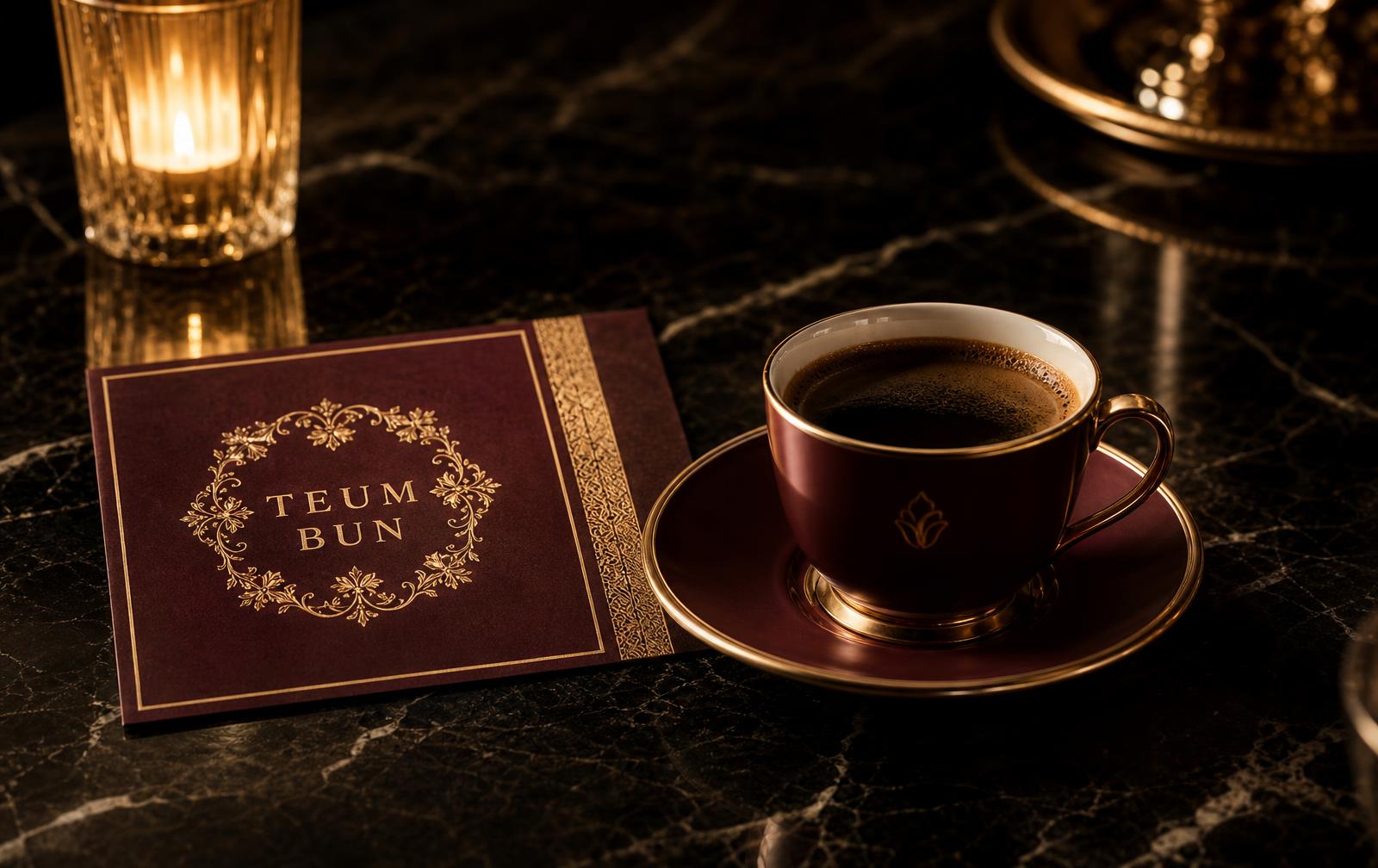 Een premium kop TEUM BUN koffie naast een ritual card in bordeaux en goud
