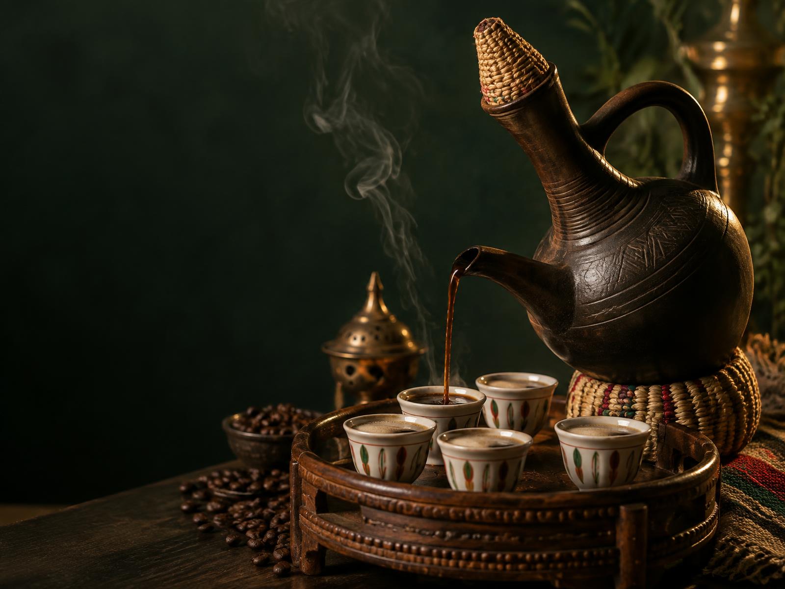 Koffie wordt vanuit een traditionele jebena in kopjes op de sini geschonken