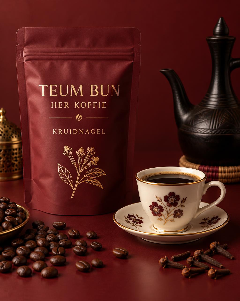 Bordeaux HER KOFFIE kruidnagelverpakking, sini kopje, jebena en kruidnagels — conceptvisualisatie