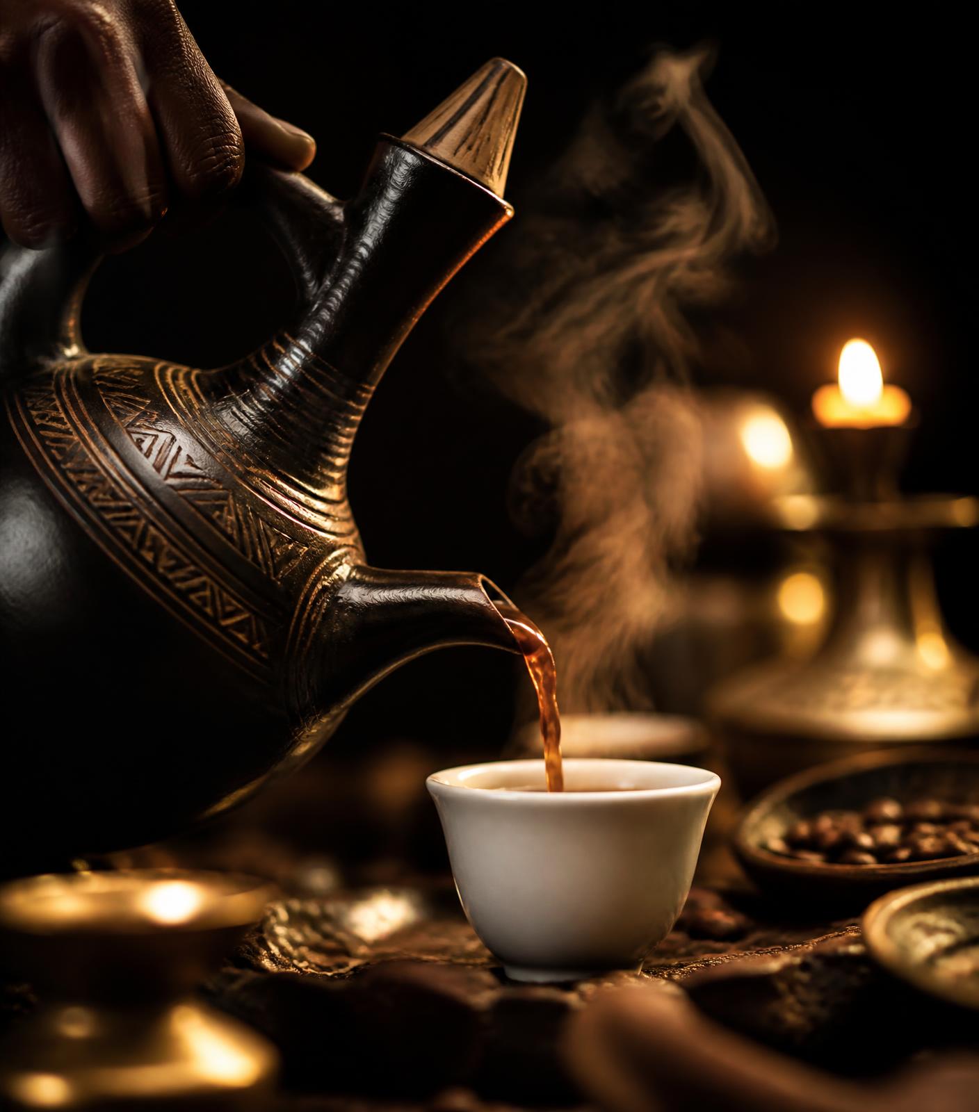 Koffie geschonken uit een traditionele jebena in een klein kopje