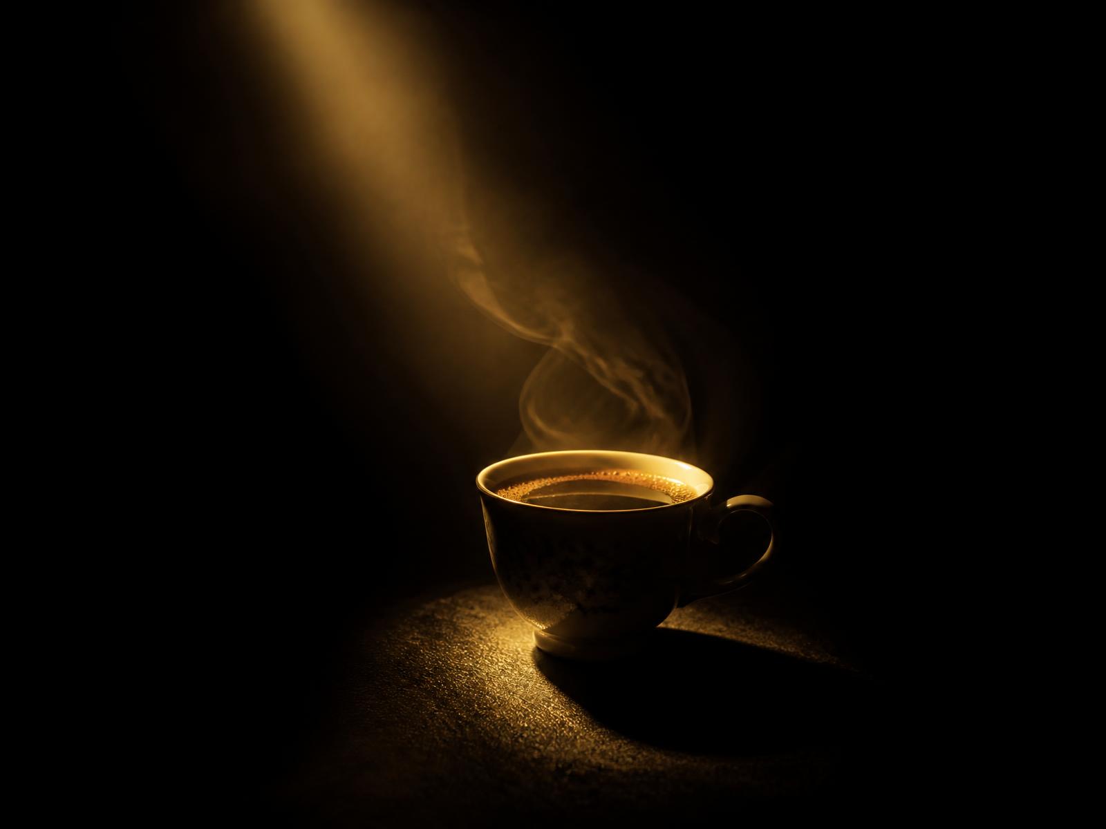 Eén kopje koffie, verlicht door één lichtstraal